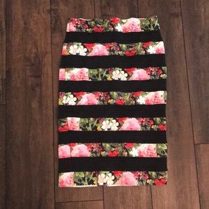 Floral and black striped pencil skirt